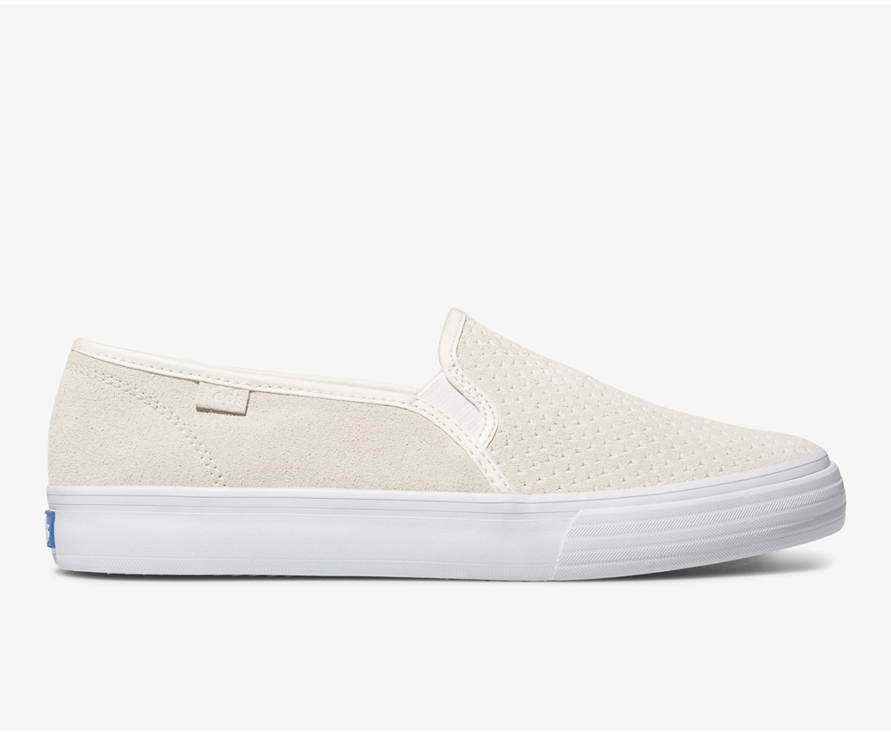 Womens Keds Slip Ons - Double Decker Suede - White - 2943-HDFLV